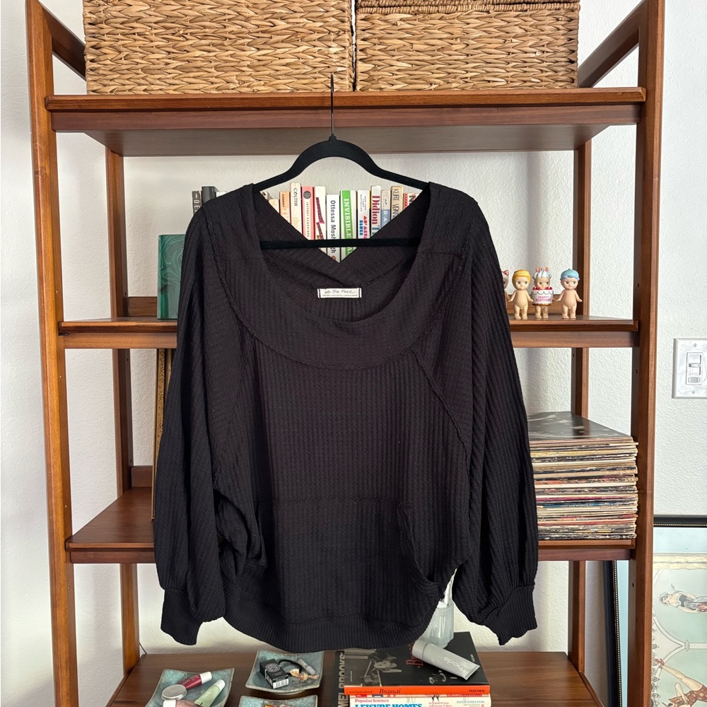 Free People Black Ribbed Scoop-Neck Pullover